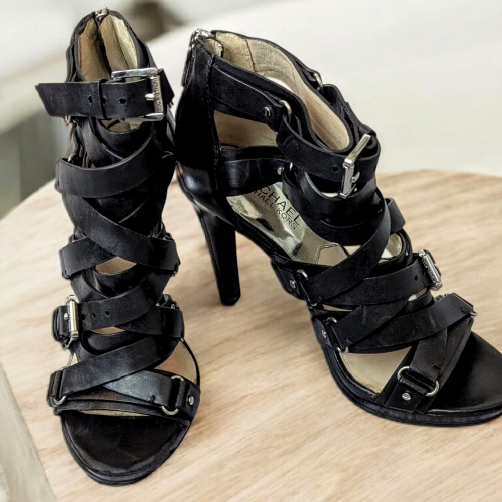 MICHAEL Michael Kors 7.5M Leonia Booties Black Leather 4, 1/8" heel Strappy